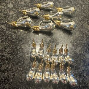 Silver & Gold Metal Eggplant Knife Rests (Set of 12) and Napkin Rings (Set of 7)